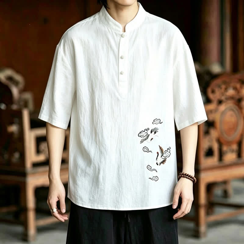 Nimara Ritual Summer Tang Style Casual Mandarin Collar Embroidery Crane Men's Short Sleeve Shirts