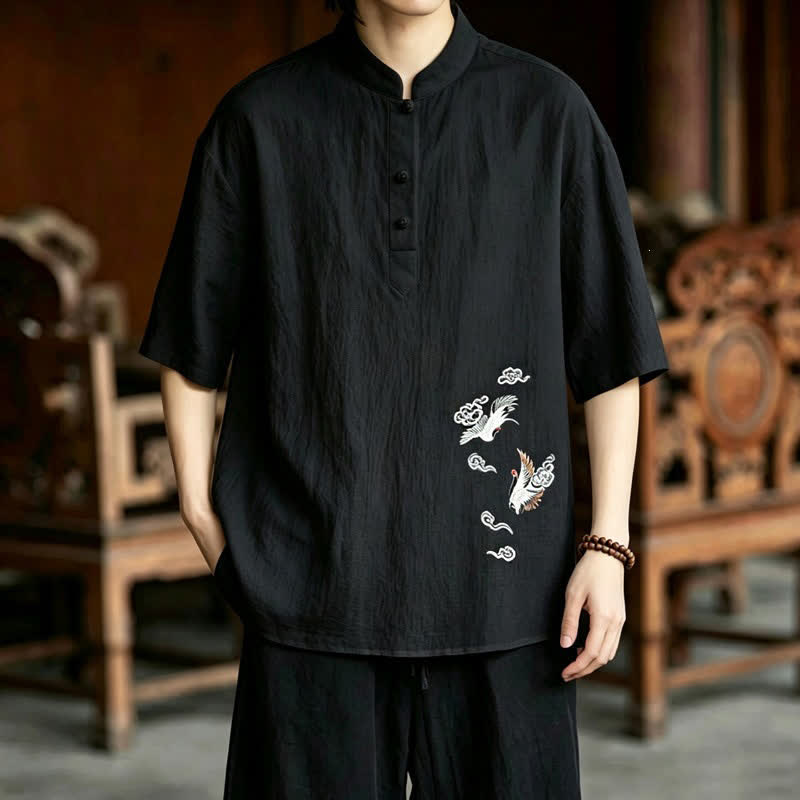 Nimara Ritual Summer Tang Style Casual Mandarin Collar Embroidery Crane Men's Short Sleeve Shirts