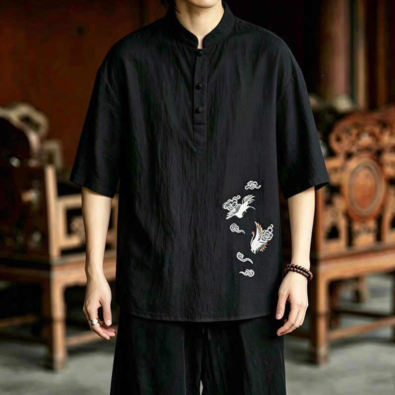 Nimara Ritual Summer Tang Style Casual Mandarin Collar Embroidery Crane Men's Short Sleeve Shirts
