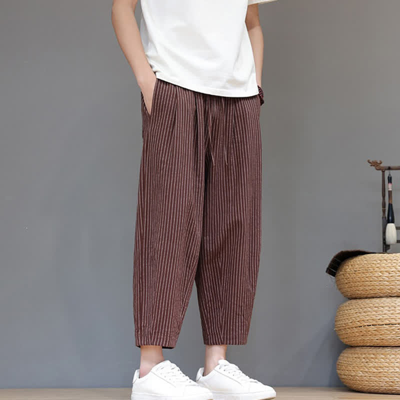 Nimara Ritual Summer Casual Minimalist Drawstring Striped Cotton Linen Capri Pants Men's Tapered Pants With Pocket