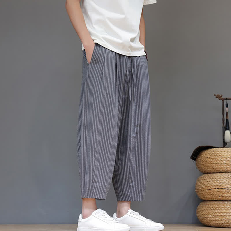 Nimara Ritual Summer Casual Minimalist Drawstring Striped Cotton Linen Capri Pants Men's Tapered Pants With Pocket
