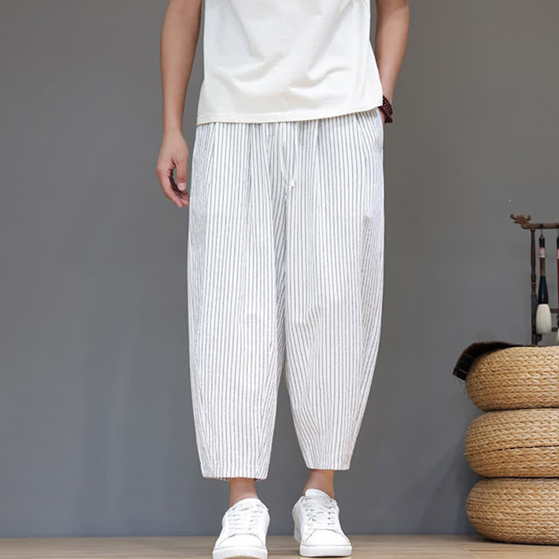 Nimara Ritual Summer Casual Minimalist Drawstring Striped Cotton Linen Capri Pants Men's Tapered Pants With Pocket