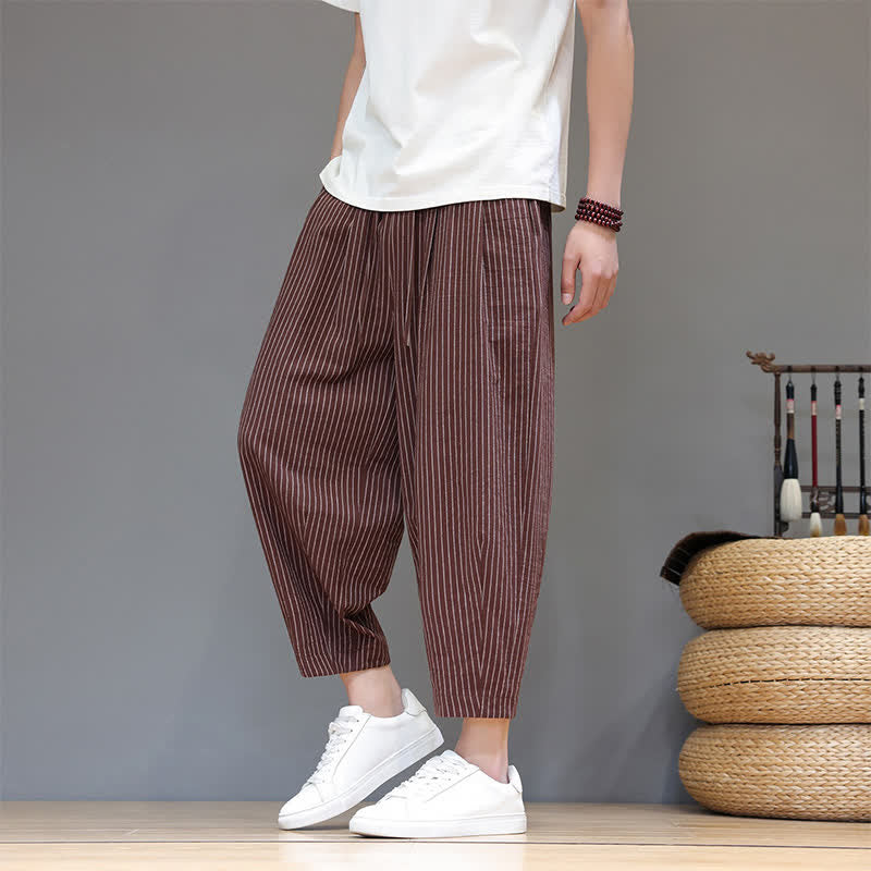 Nimara Ritual Summer Casual Minimalist Drawstring Striped Cotton Linen Capri Pants Men's Tapered Pants With Pocket
