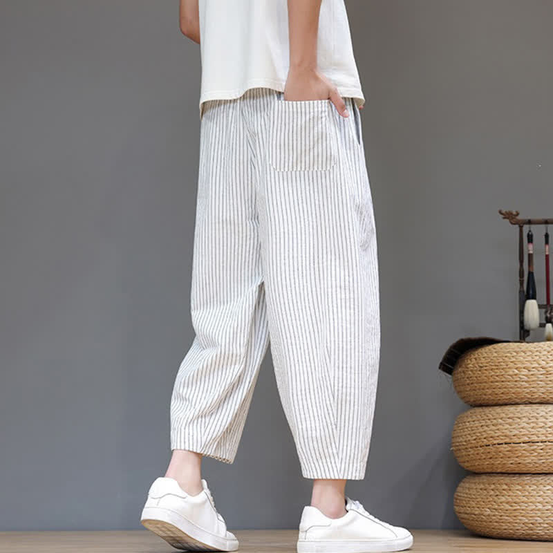 Nimara Ritual Summer Casual Minimalist Drawstring Striped Cotton Linen Capri Pants Men's Tapered Pants With Pocket