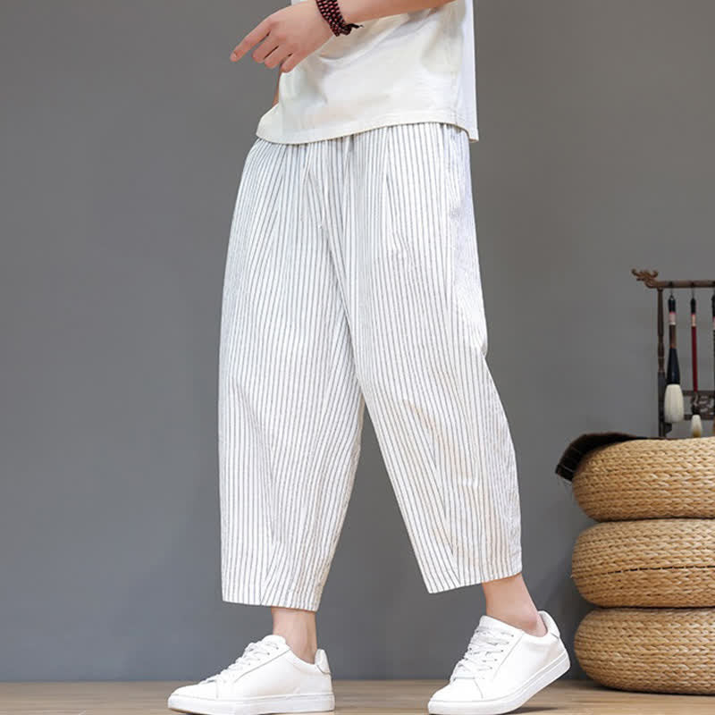 Nimara Ritual Summer Casual Minimalist Drawstring Striped Cotton Linen Capri Pants Men's Tapered Pants With Pocket