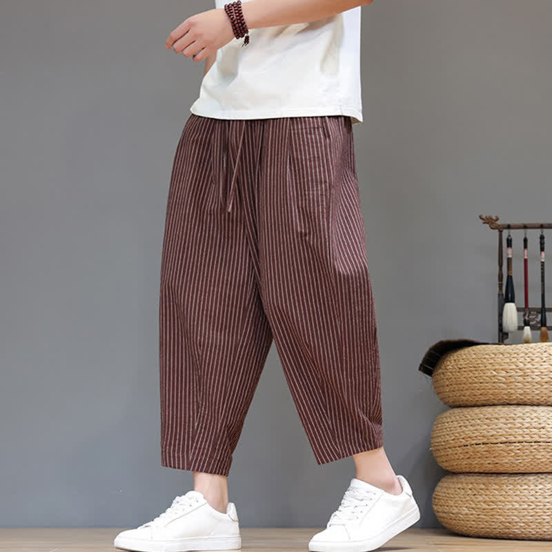 Nimara Ritual Summer Casual Minimalist Drawstring Striped Cotton Linen Capri Pants Men's Tapered Pants With Pocket