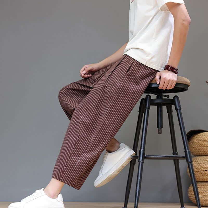 Nimara Ritual Summer Casual Minimalist Drawstring Striped Cotton Linen Capri Pants Men's Tapered Pants With Pocket