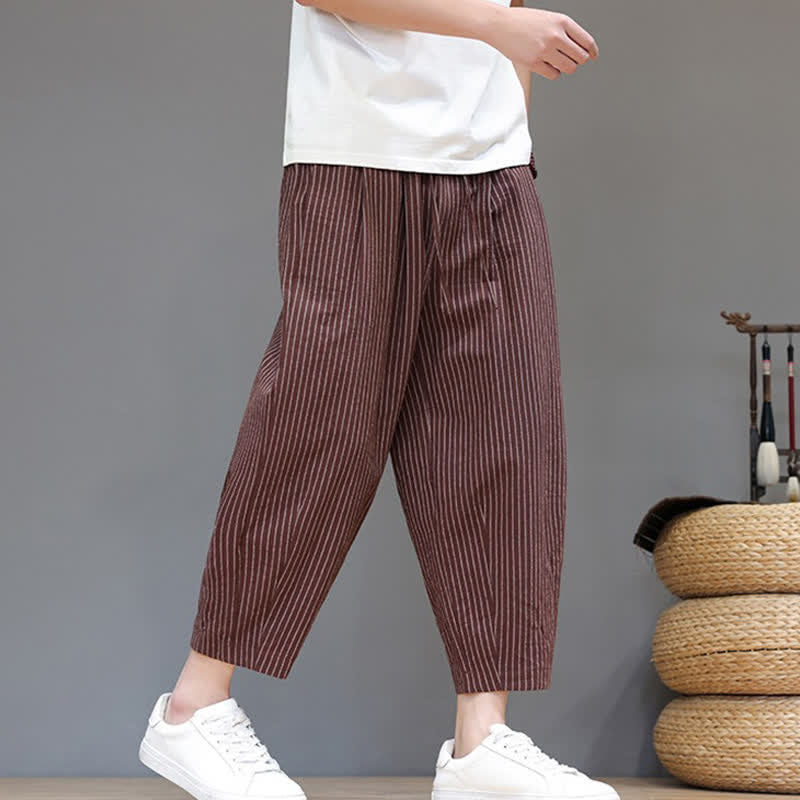 Nimara Ritual Summer Casual Minimalist Drawstring Striped Cotton Linen Capri Pants Men's Tapered Pants With Pocket