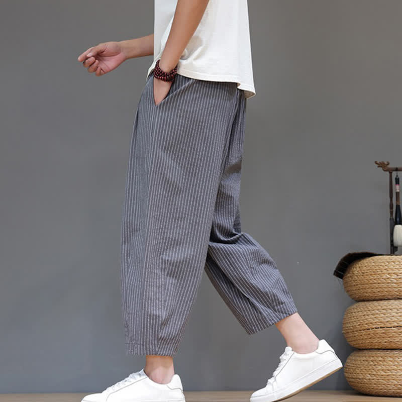 Nimara Ritual Summer Casual Minimalist Drawstring Striped Cotton Linen Capri Pants Men's Tapered Pants With Pocket