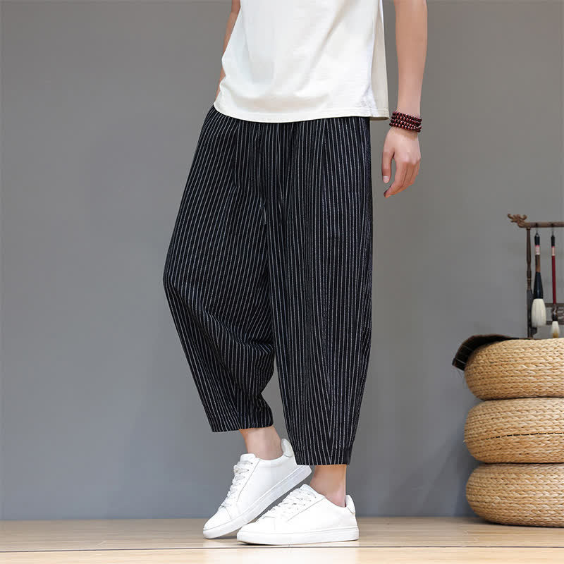 Nimara Ritual Summer Casual Minimalist Drawstring Striped Cotton Linen Capri Pants Men's Tapered Pants With Pocket