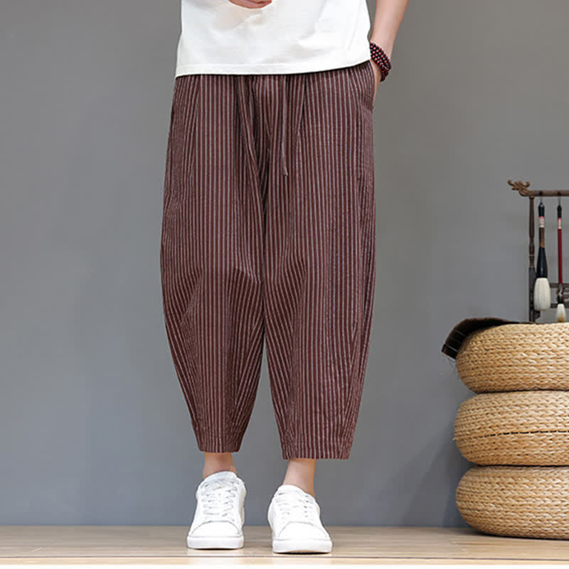 Nimara Ritual Summer Casual Minimalist Drawstring Striped Cotton Linen Capri Pants Men's Tapered Pants With Pocket