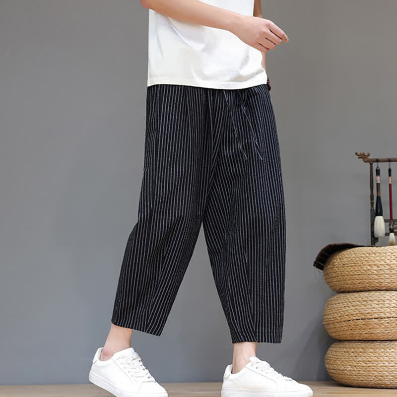 Nimara Ritual Summer Casual Minimalist Drawstring Striped Cotton Linen Capri Pants Men's Tapered Pants With Pocket
