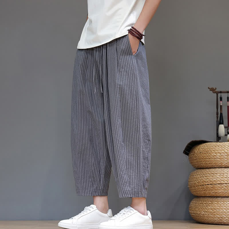 Nimara Ritual Summer Casual Minimalist Drawstring Striped Cotton Linen Capri Pants Men's Tapered Pants With Pocket