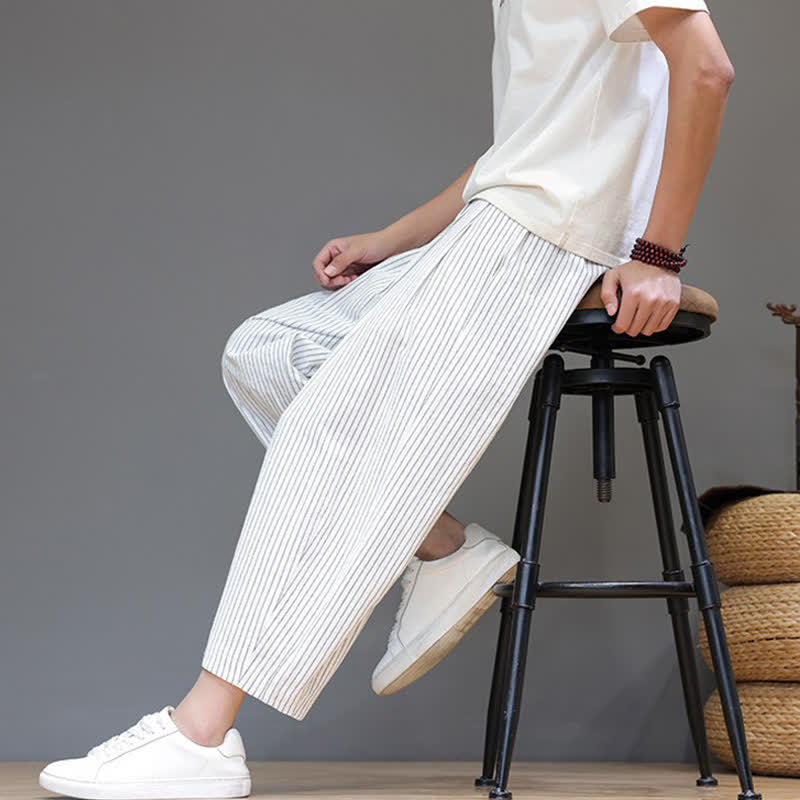 Nimara Ritual Summer Casual Minimalist Drawstring Striped Cotton Linen Capri Pants Men's Tapered Pants With Pocket