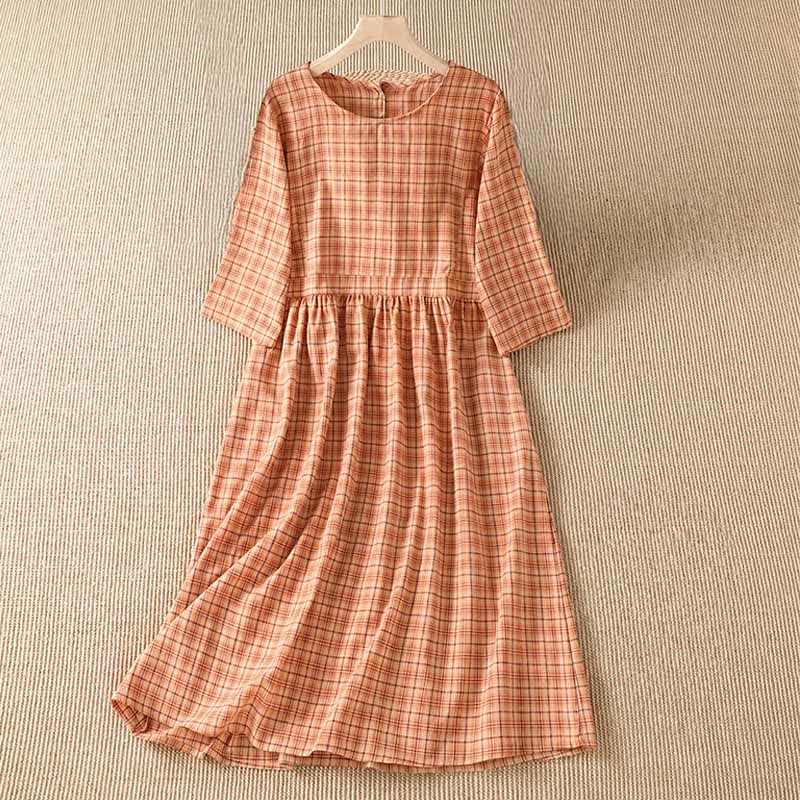 Nimara Ritual Summer Casual Vintage Plaid Women's Three-Quarter Sleeve Dress With Pocket