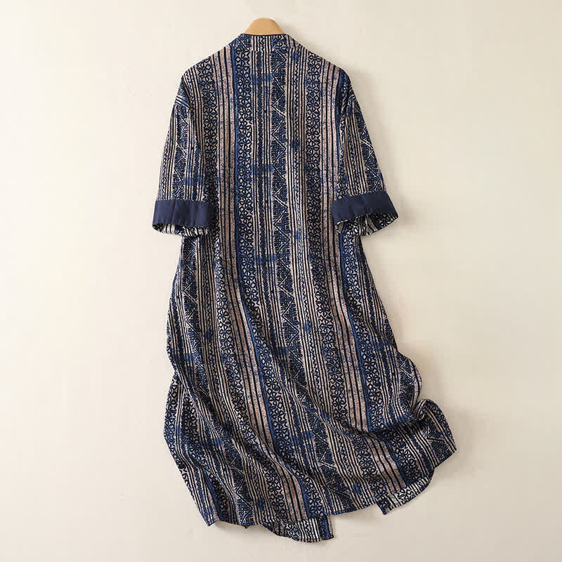 Nimara Ritual Summer Tang Style Boho Mandarin Collar Geometric Women's Three-Quarter Sleeve Dress With Pocket