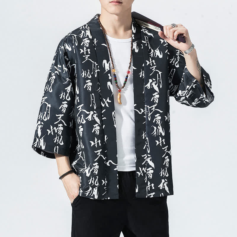 Nimara Ritual Summer Casual Vintage Open Front Crane Wave Print Men's Kimonos