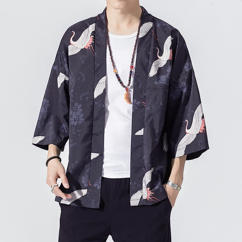 Nimara Ritual Summer Casual Vintage Open Front Crane Wave Print Men's Kimonos