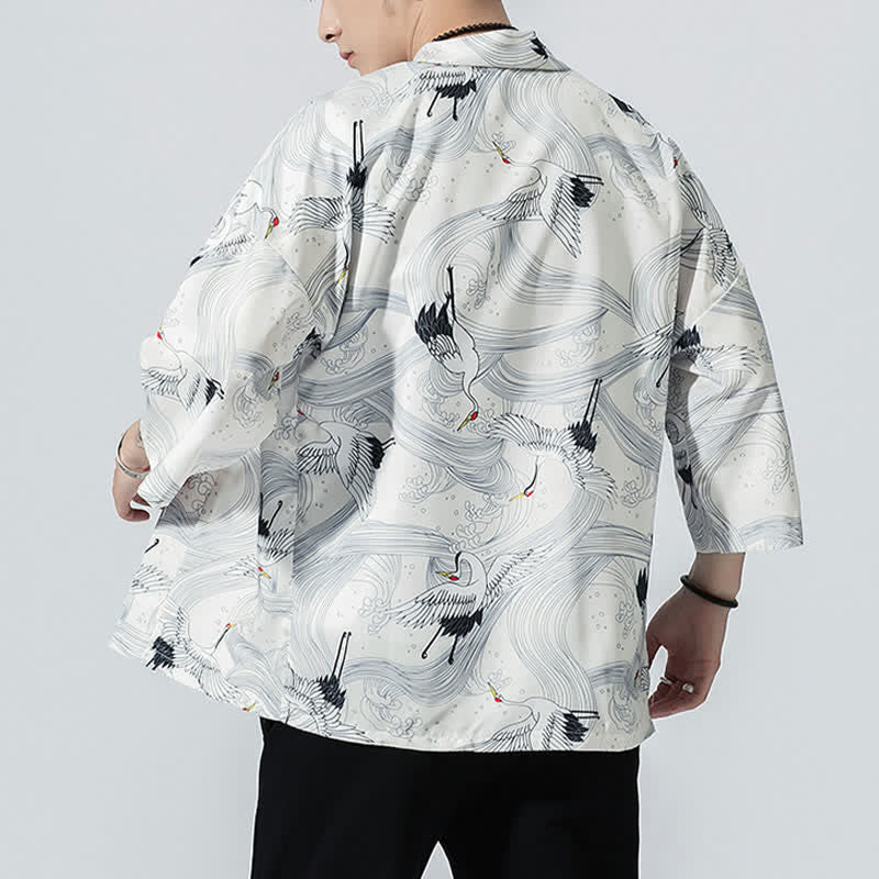 Nimara Ritual Summer Casual Vintage Open Front Crane Wave Print Men's Kimonos