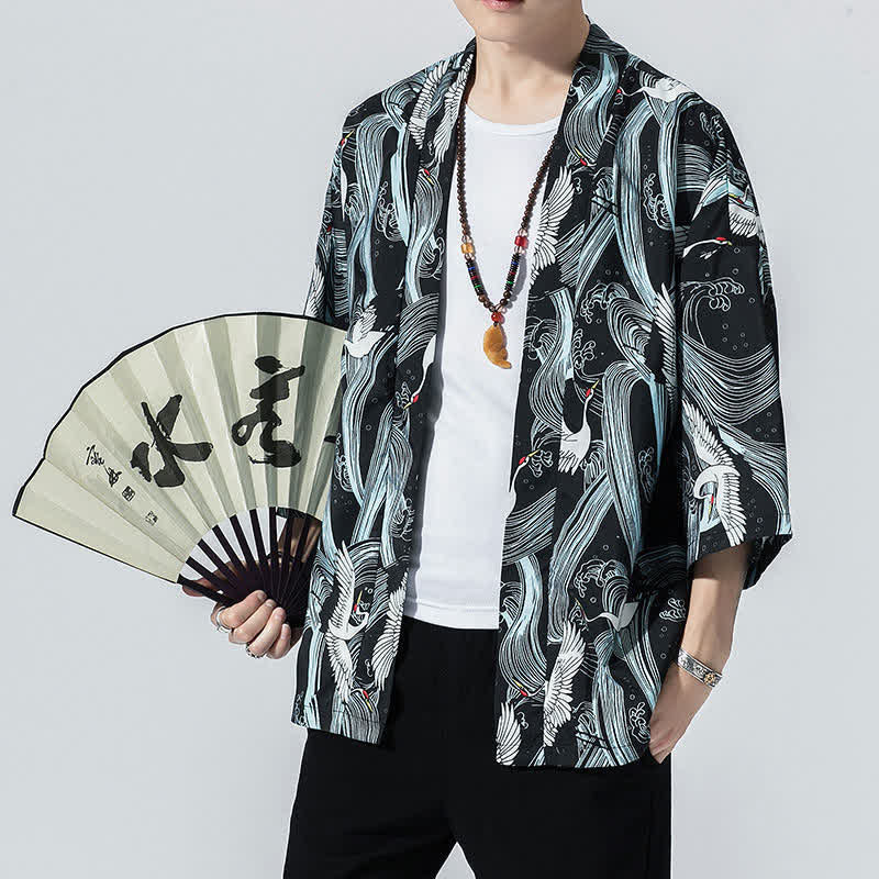 Nimara Ritual Summer Casual Vintage Open Front Crane Wave Print Men's Kimonos