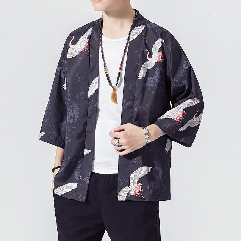 Nimara Ritual Summer Casual Vintage Open Front Crane Wave Print Men's Kimonos