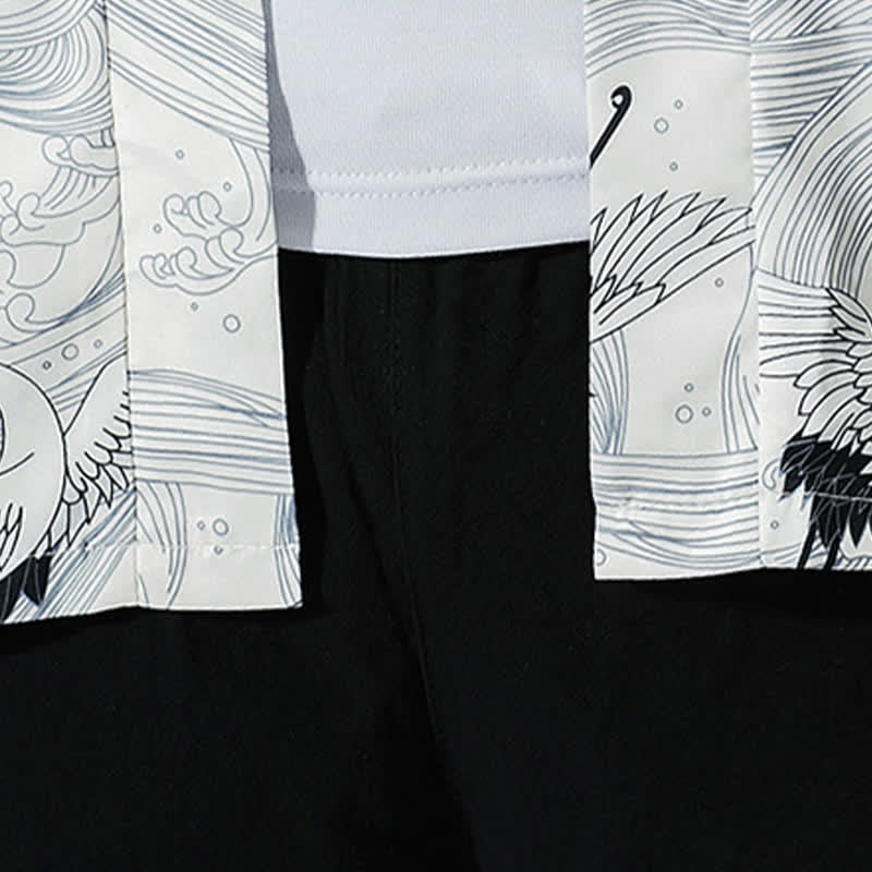 Nimara Ritual Summer Casual Vintage Open Front Crane Wave Print Men's Kimonos