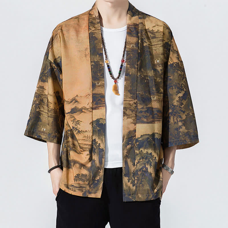 Nimara Ritual Summer Casual Vintage Open Front Crane Wave Print Men's Kimonos