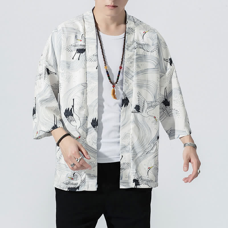 Nimara Ritual Summer Casual Vintage Open Front Crane Wave Print Men's Kimonos