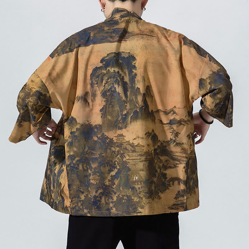 Nimara Ritual Summer Casual Vintage Open Front Crane Wave Print Men's Kimonos