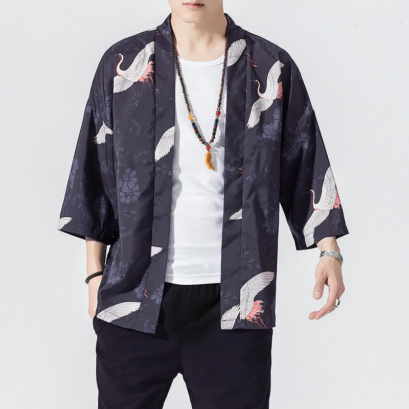 Nimara Ritual Summer Casual Vintage Open Front Crane Wave Print Men's Kimonos