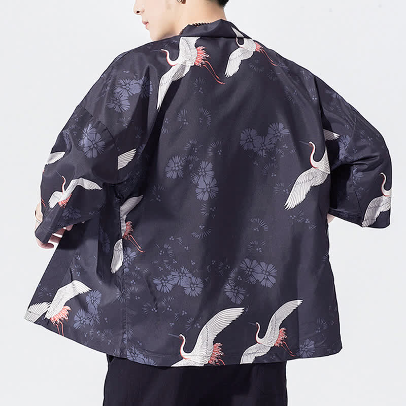 Nimara Ritual Summer Casual Vintage Open Front Crane Wave Print Men's Kimonos