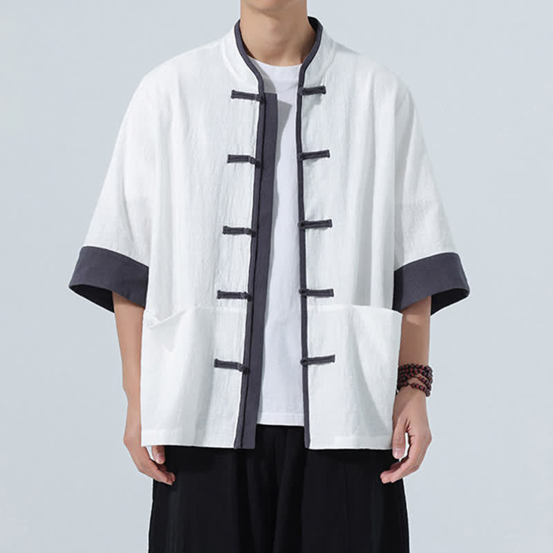 Nimara Ritual Summer Casual Tang Style Frog Button Solid Cotton Men's Short Sleeve Shirts With Pocket