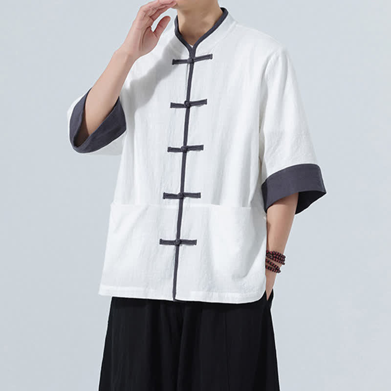 Nimara Ritual Summer Casual Tang Style Frog Button Solid Cotton Men's Short Sleeve Shirts With Pocket
