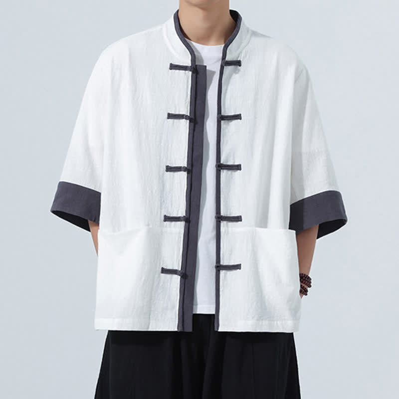 Nimara Ritual Summer Casual Tang Style Frog Button Solid Cotton Men's Short Sleeve Shirts With Pocket