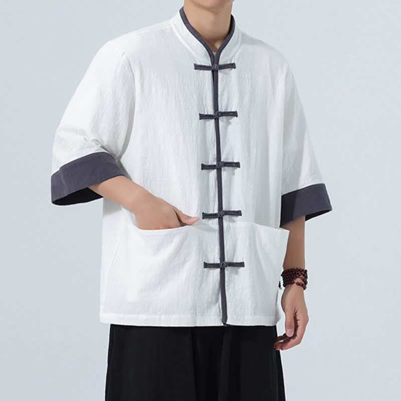 Nimara Ritual Summer Casual Tang Style Frog Button Solid Cotton Men's Short Sleeve Shirts With Pocket