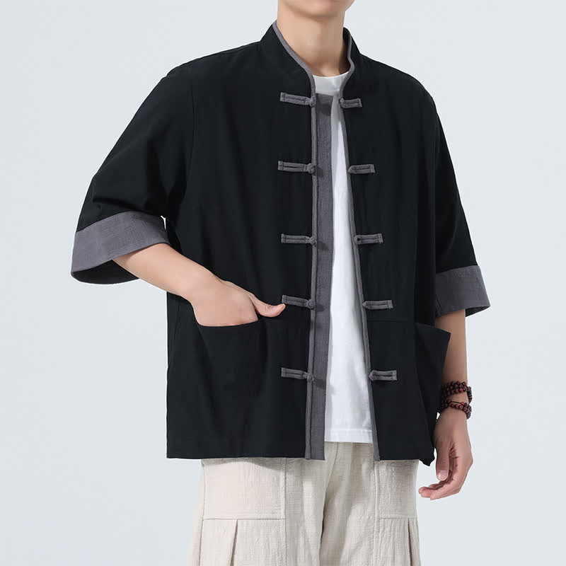 Nimara Ritual Summer Casual Tang Style Frog Button Solid Cotton Men's Short Sleeve Shirts With Pocket