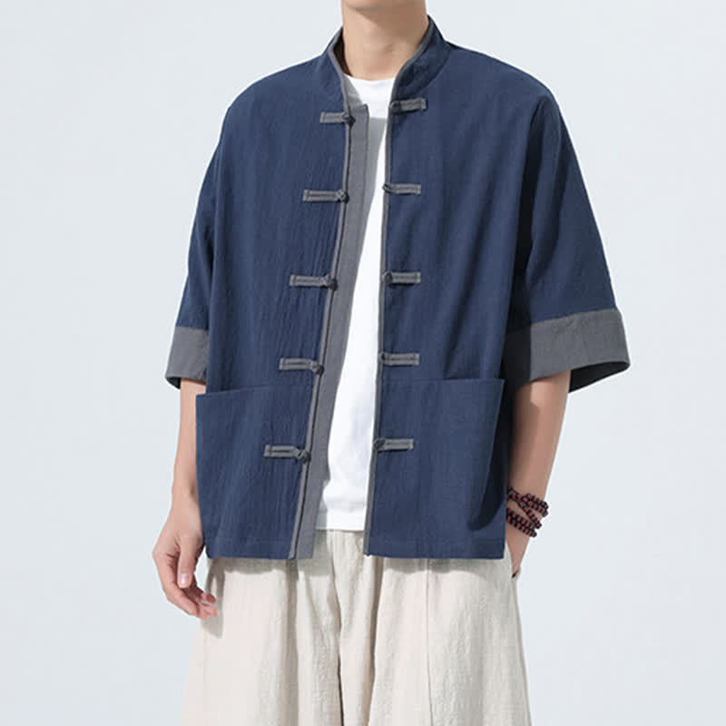 Nimara Ritual Summer Casual Tang Style Frog Button Solid Cotton Men's Short Sleeve Shirts With Pocket