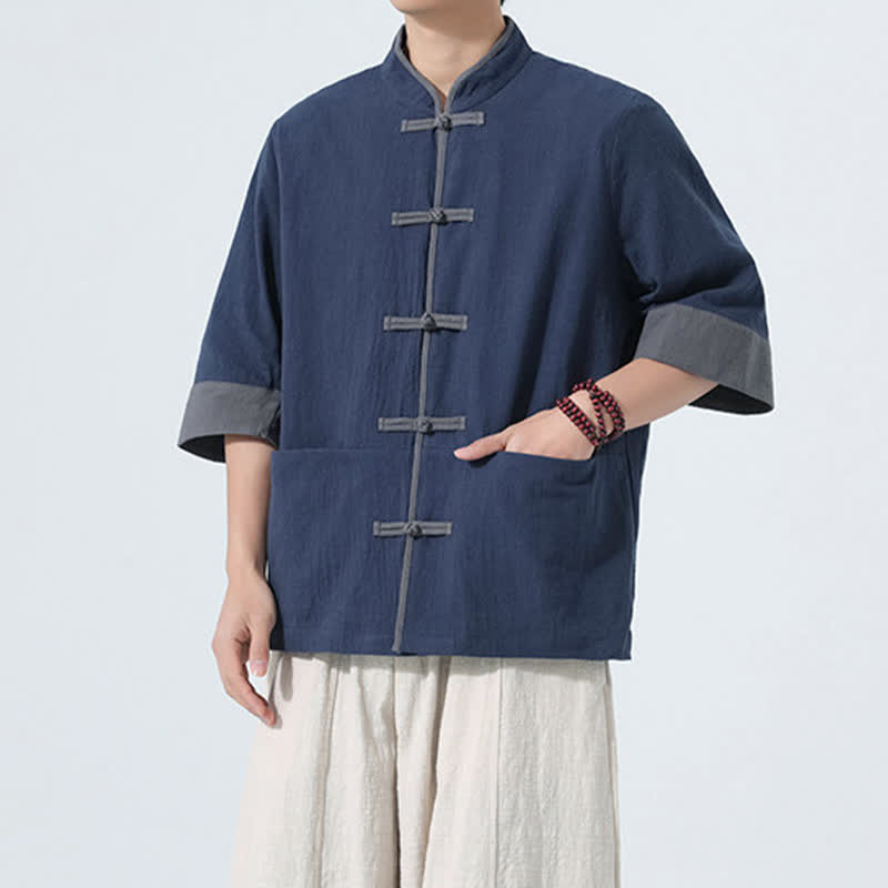 Nimara Ritual Summer Casual Tang Style Frog Button Solid Cotton Men's Short Sleeve Shirts With Pocket