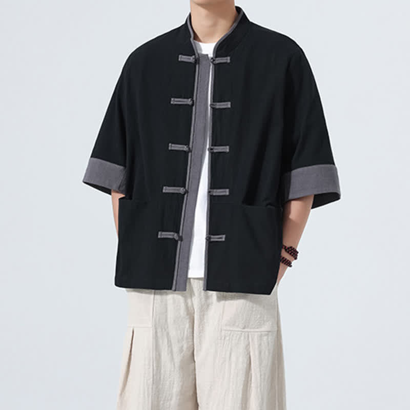 Nimara Ritual Summer Casual Tang Style Frog Button Solid Cotton Men's Short Sleeve Shirts With Pocket
