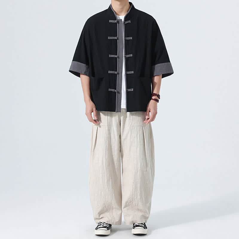 Nimara Ritual Summer Casual Tang Style Frog Button Solid Cotton Men's Short Sleeve Shirts With Pocket