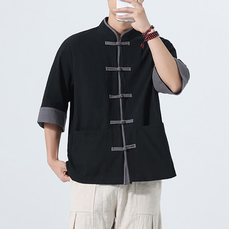 Nimara Ritual Summer Casual Tang Style Frog Button Solid Cotton Men's Short Sleeve Shirts With Pocket