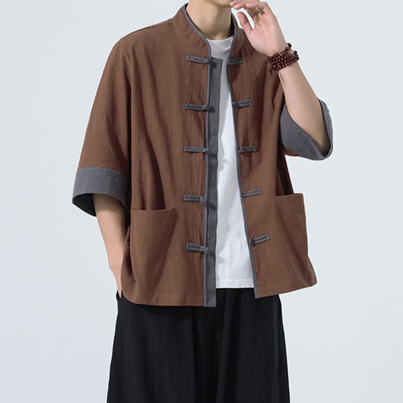 Nimara Ritual Summer Casual Tang Style Frog Button Solid Cotton Men's Short Sleeve Shirts With Pocket