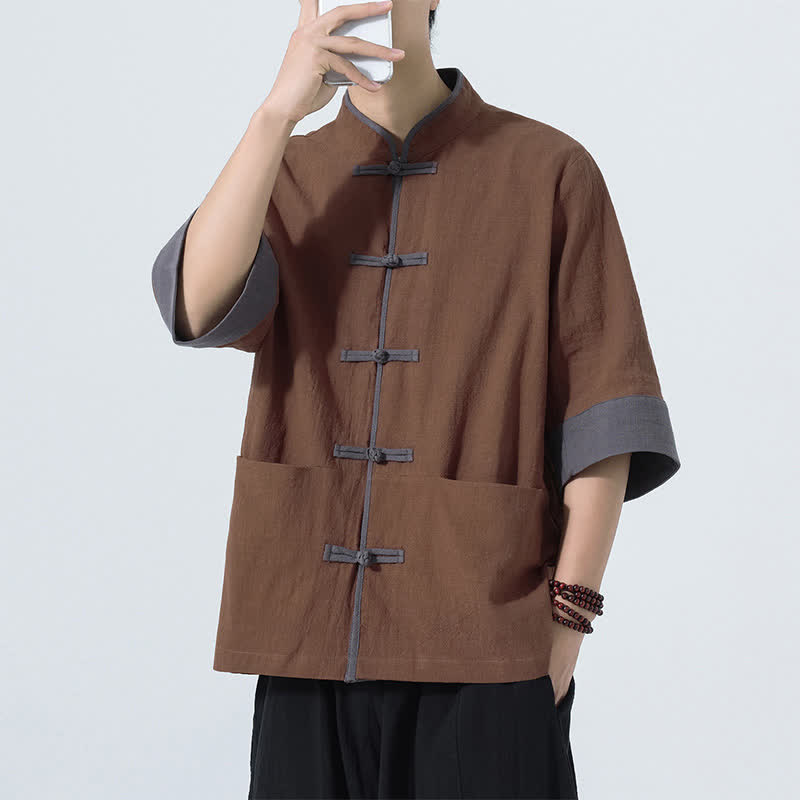 Nimara Ritual Summer Casual Tang Style Frog Button Solid Cotton Men's Short Sleeve Shirts With Pocket