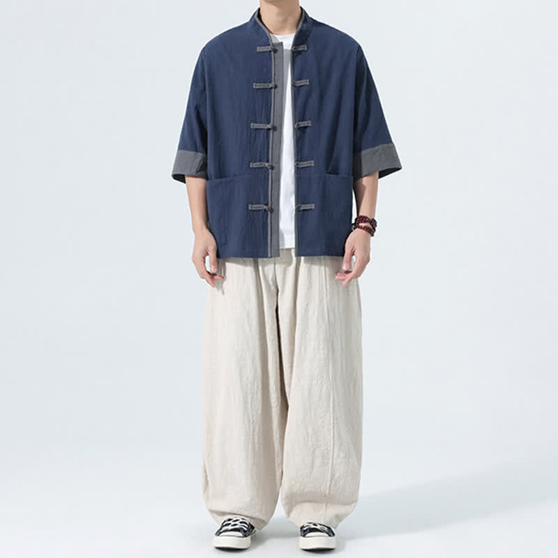 Nimara Ritual Summer Casual Tang Style Frog Button Solid Cotton Men's Short Sleeve Shirts With Pocket