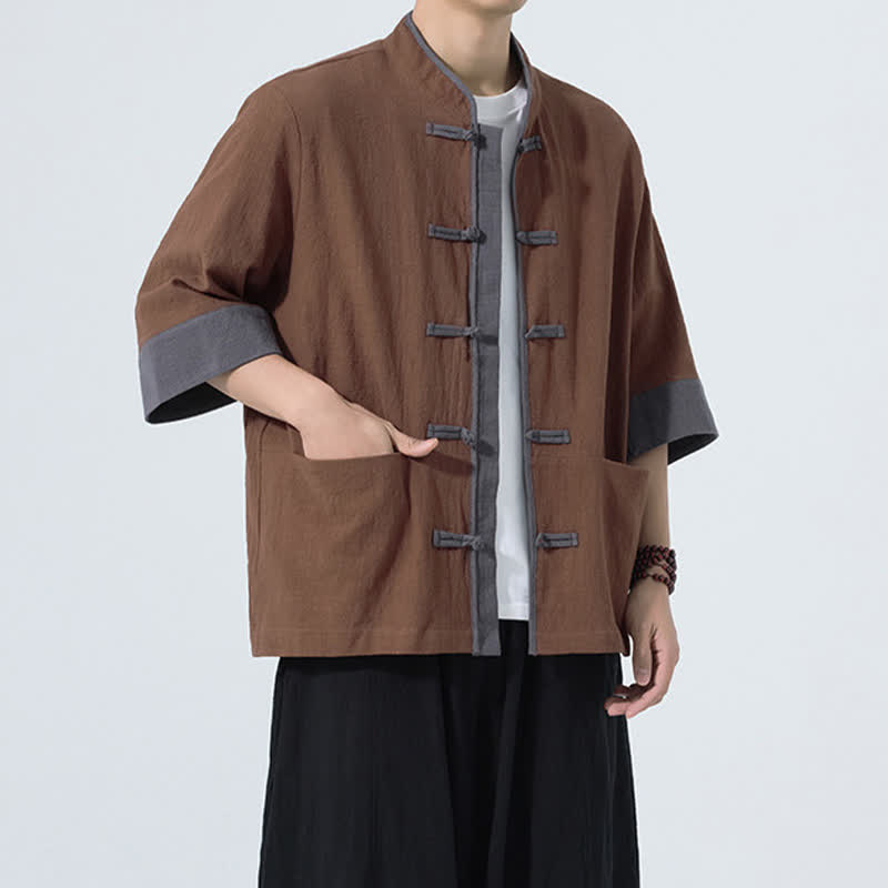 Nimara Ritual Summer Casual Tang Style Frog Button Solid Cotton Men's Short Sleeve Shirts With Pocket