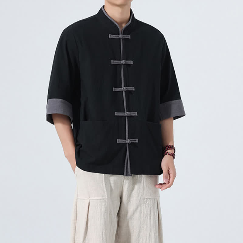 Nimara Ritual Summer Casual Tang Style Frog Button Solid Cotton Men's Short Sleeve Shirts With Pocket