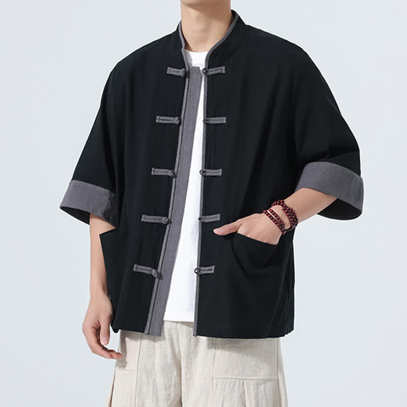 Nimara Ritual Summer Casual Tang Style Frog Button Solid Cotton Men's Short Sleeve Shirts With Pocket