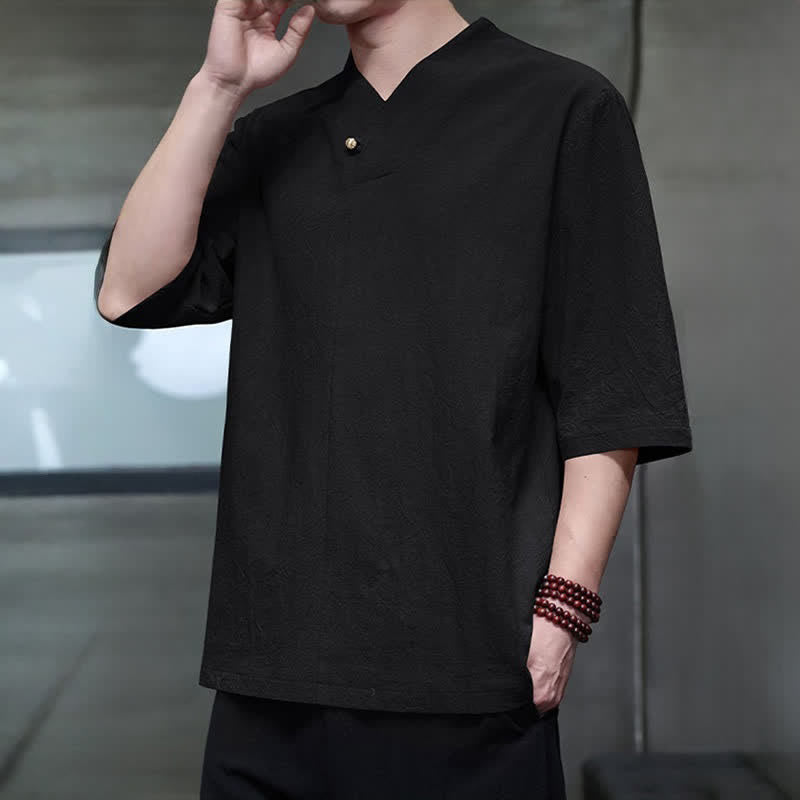 Nimara Ritual Summer Casual Tang Style Mandarin Collar Solid Men's Short Sleeve Shirts