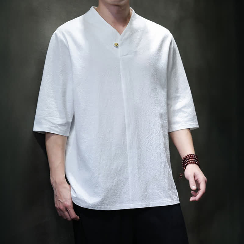 Nimara Ritual Summer Casual Tang Style Mandarin Collar Solid Men's Short Sleeve Shirts