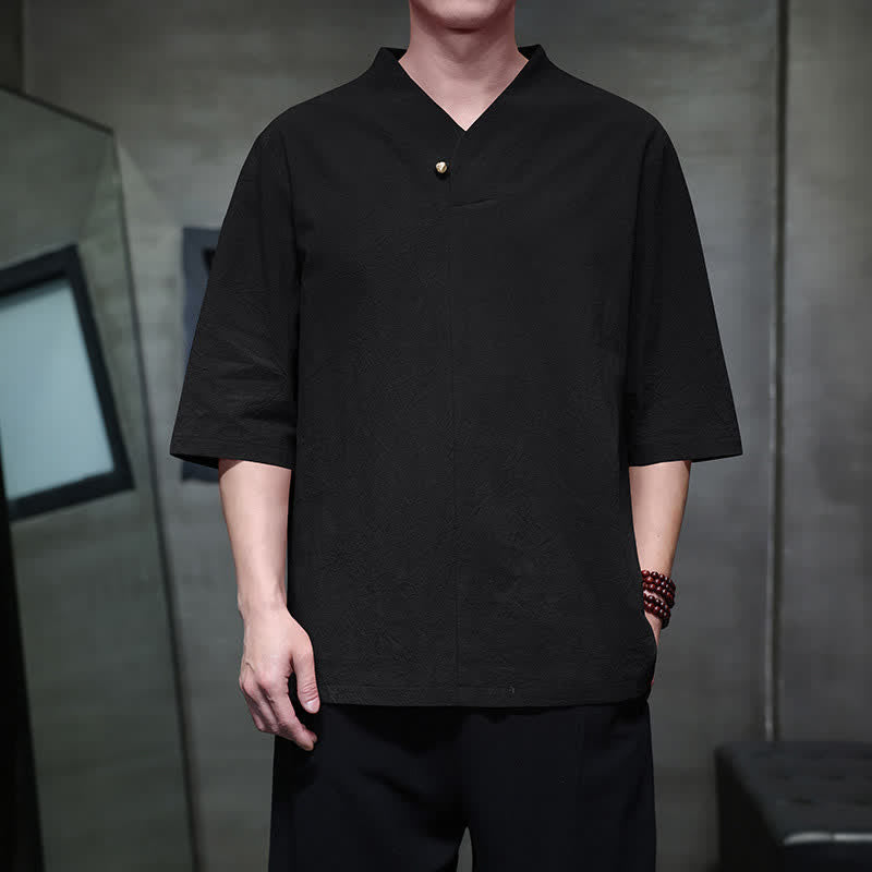 Nimara Ritual Summer Casual Tang Style Mandarin Collar Solid Men's Short Sleeve Shirts